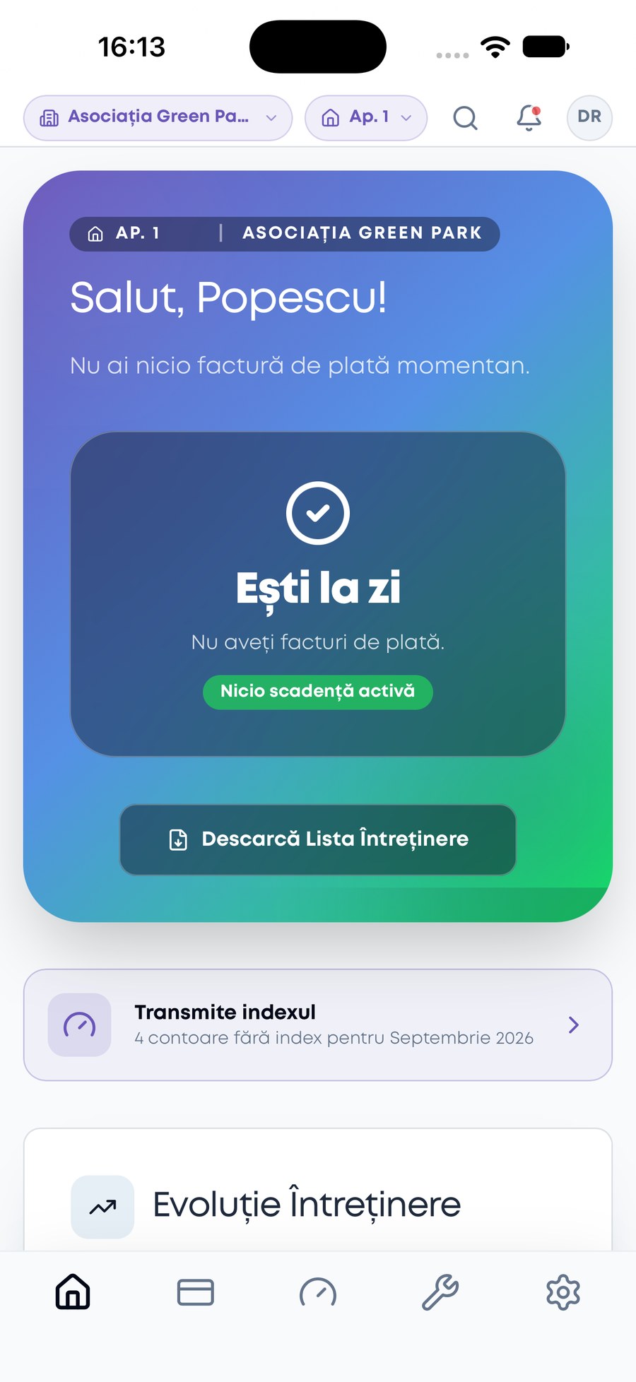 Aplicația locatarului: ecranul Acasă, cu situația plăților și transmiterea indexului