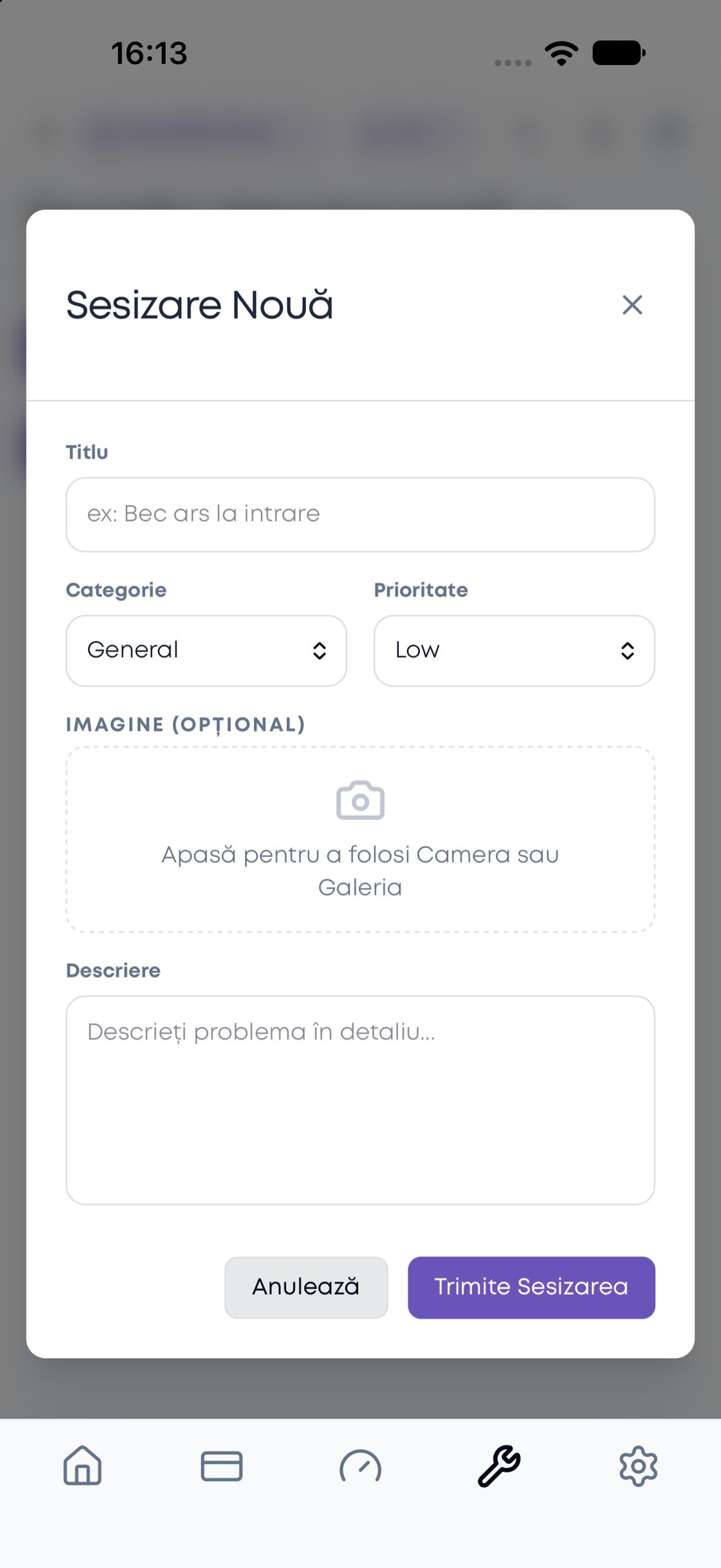 Sesizare nouă: titlu, categorie, prioritate, poză și descriere